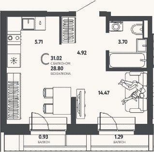Планировка: Студия, 28,8 м²