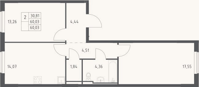 Планировка: 2-к, 60 м²