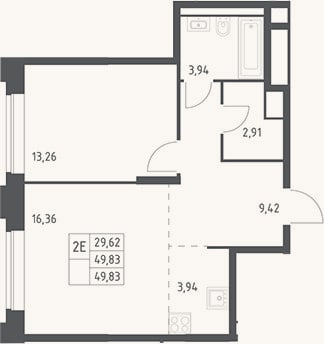 Планировка: 2-к, 49,8 м²