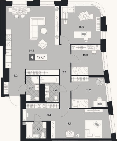 Планировка: 4+ к, 127,7 м²
