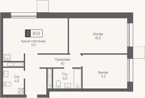 Планировка: 3-к, 61 м²