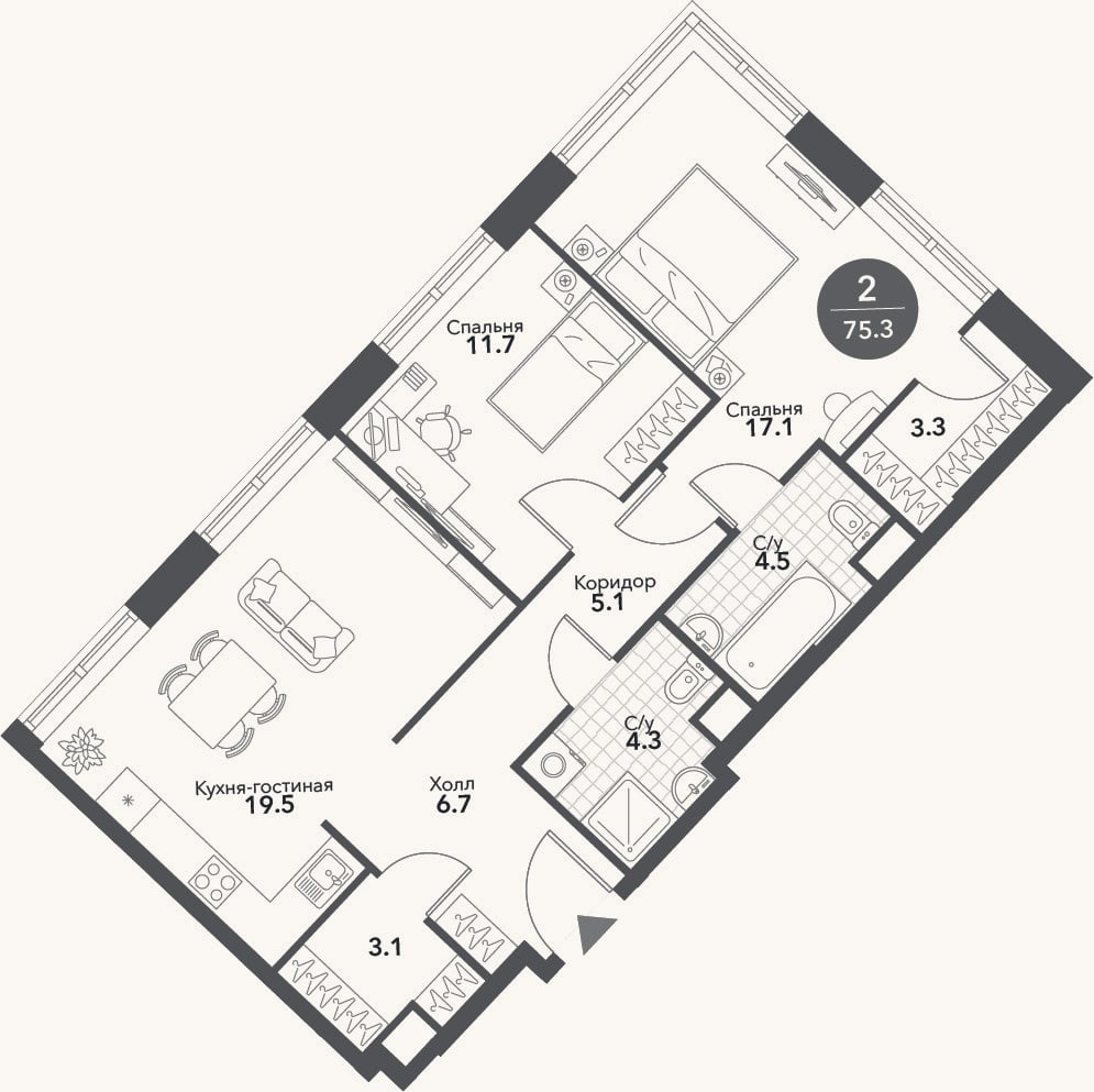 Планировка: 3-к, 75,3 м²