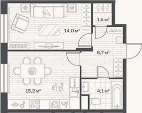 Планировка: 1-к, 41,5 м²