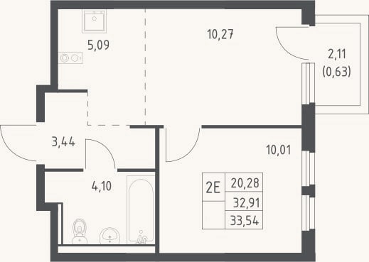 Планировка: 2-к, 32,9 м²