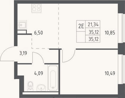 Планировка: 2-к, 35,1 м²