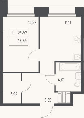 Планировка: 1-к, 34,5 м²