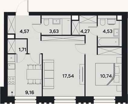 Планировка: 2-к, 56,2 м²