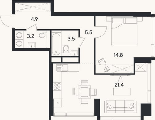 Планировка: 2-к, 53,3 м²