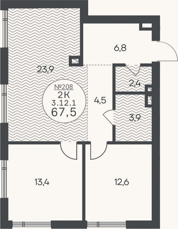 Планировка: 2-к, 67,5 м²