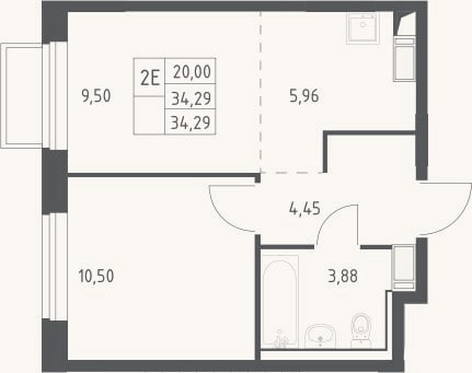 Планировка: 2-к, 34,3 м²