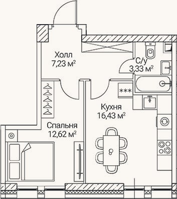 Планировка: 1-к, 39,6 м²