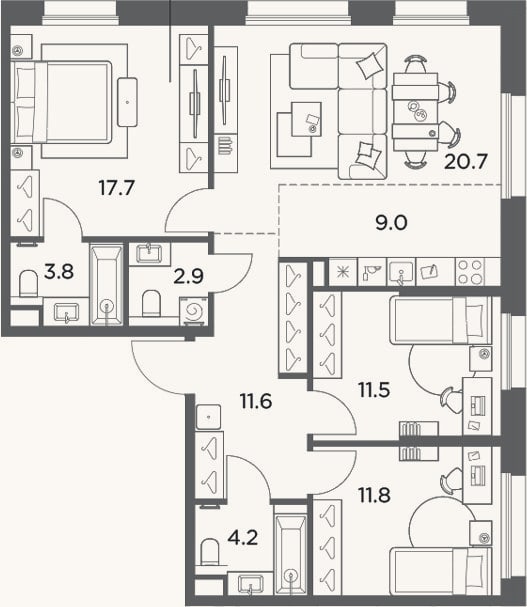 Планировка: 4+ к, 93,2 м²