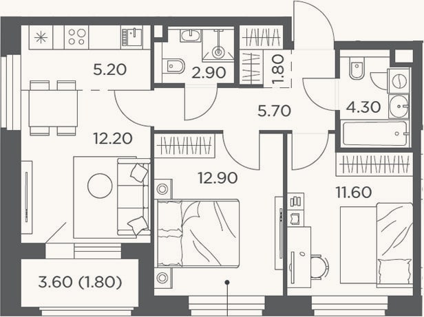 Планировка: 3-к, 56,6 м²