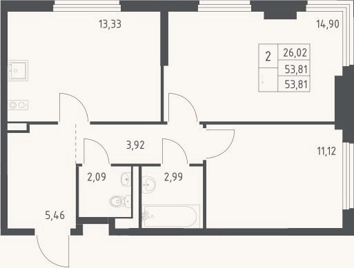 Планировка: 2-к, 53,8 м²
