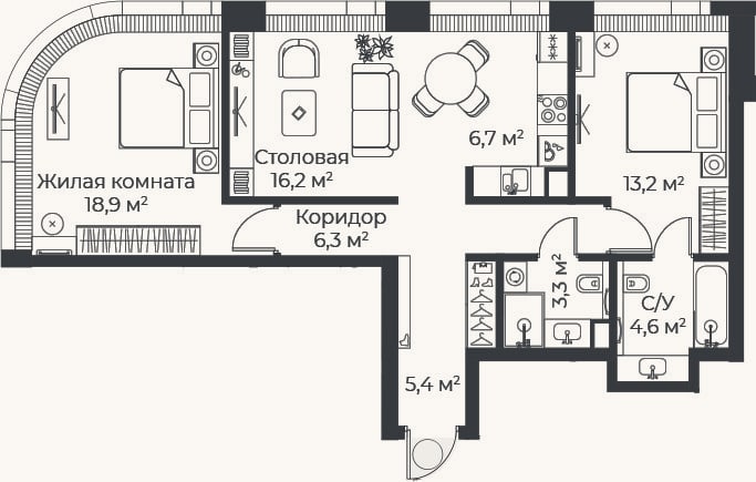 Планировка: 3-к, 74,6 м²