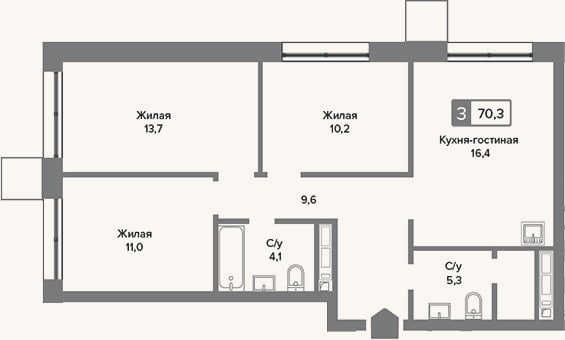 Планировка: 4+ к, 70,3 м²