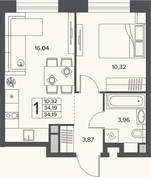 Планировка: 2-к, 34,2 м²
