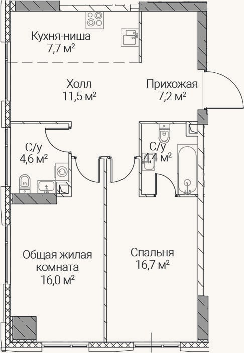 Планировка: 3-к, 68,1 м²