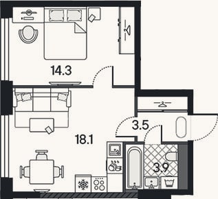Планировка: 2-к, 39,8 м²