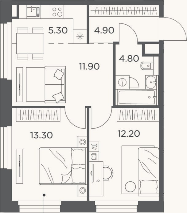 Планировка: 3-к, 52,4 м²