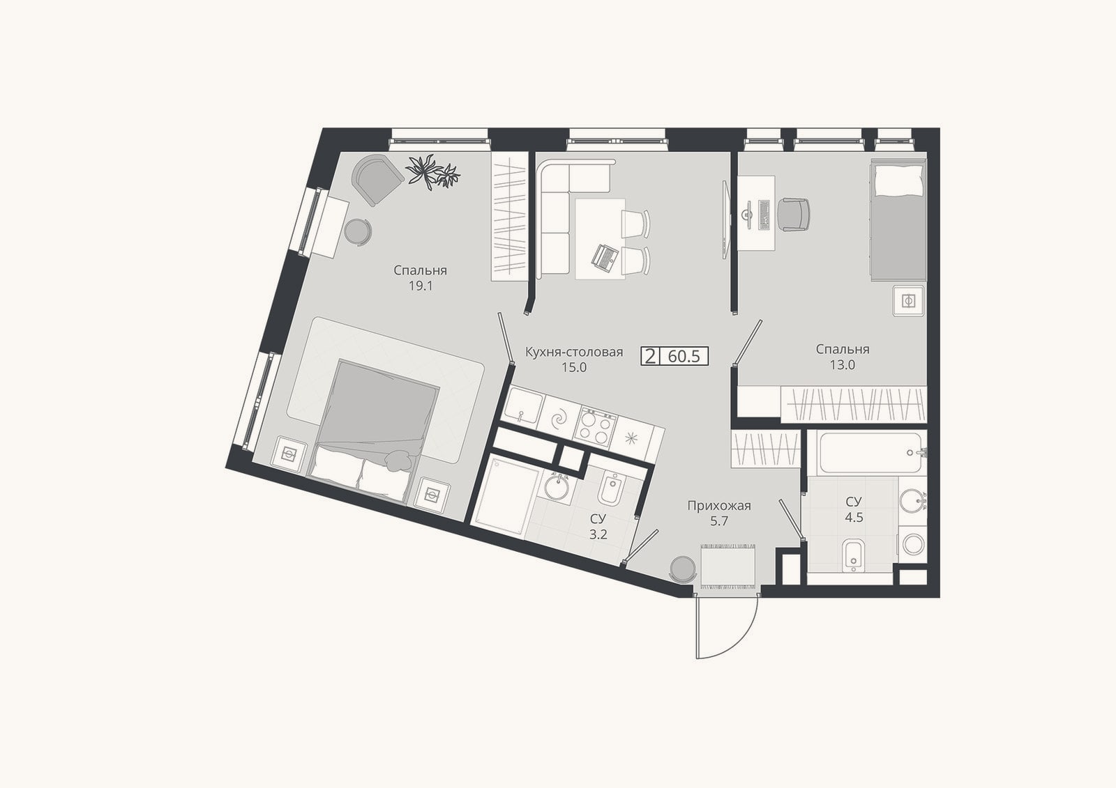 Планировка: 3-к, 60,5 м²