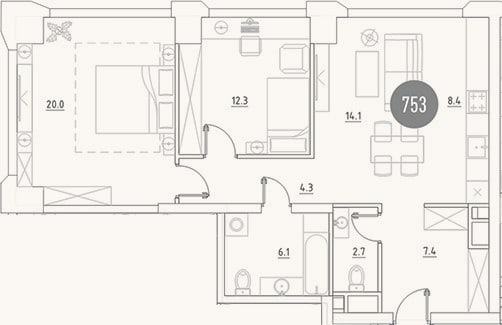 Планировка: 3-к, 75,3 м²