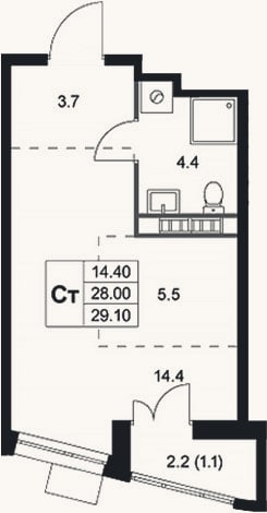 Планировка: Студия, 28 м²