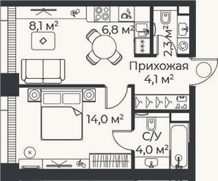 Планировка: 2-к, 39,4 м²