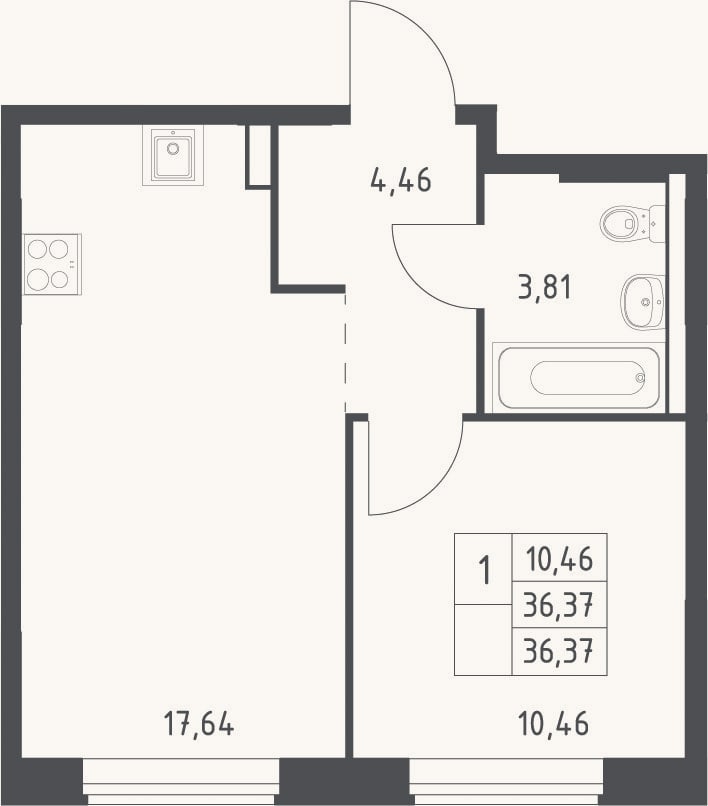 Планировка: 2-к, 36,4 м²