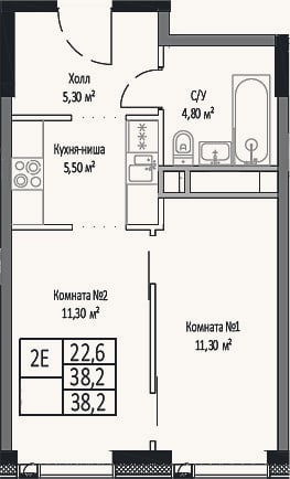 Планировка: 2-к, 38,2 м²