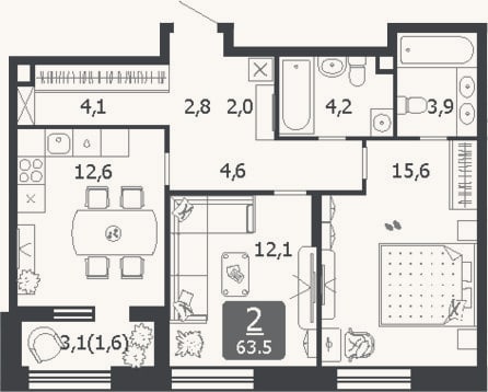 Планировка: 2-к, 63 м²