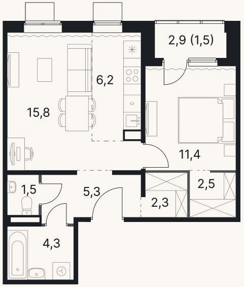 Планировка: 2-к, 49,3 м²