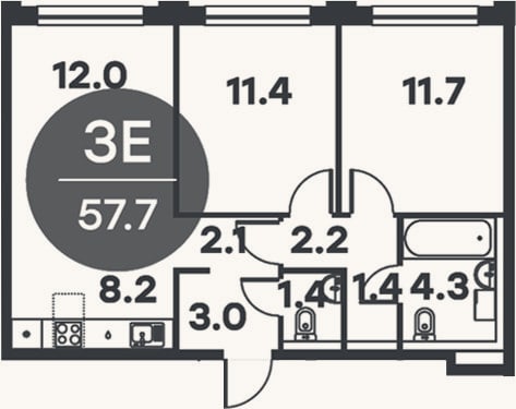 Планировка: 3-к, 57,7 м²