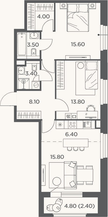 Планировка: 3-к, 70,6 м²