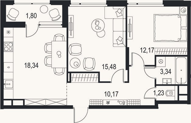 Планировка: 2-к, 60,7 м²