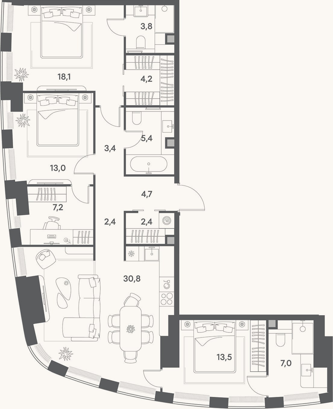 Планировка: 4+ к, 115,9 м²