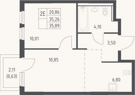 Планировка: 2-к, 35,3 м²