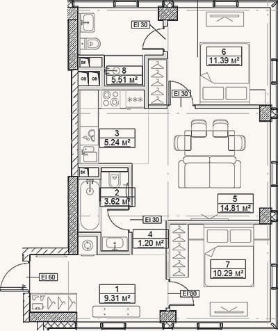Планировка: 3-к, 61,4 м²