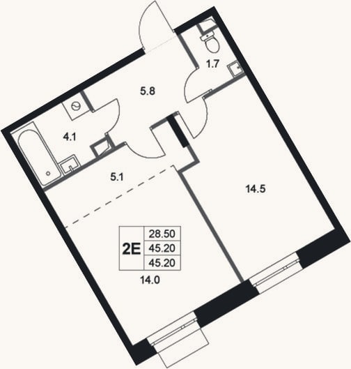 Планировка: 2-к, 45,2 м²