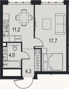 Планировка: 1-к, 37,2 м²