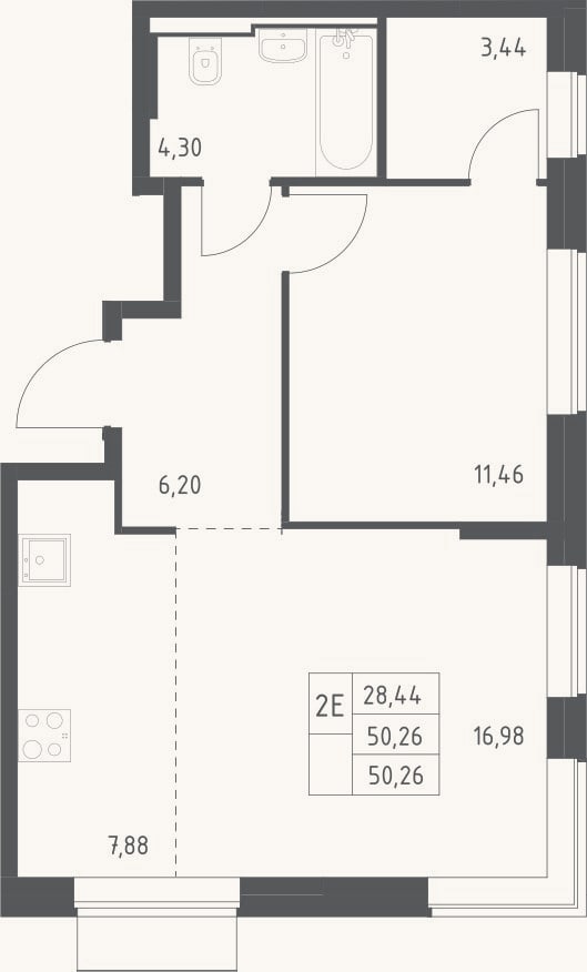 Планировка: 2-к, 50,3 м²