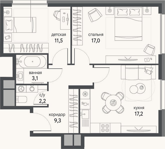 Планировка: 2-к, 60,3 м²