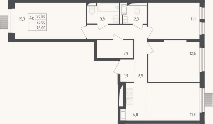 Планировка: 4+ к, 74,2 м²