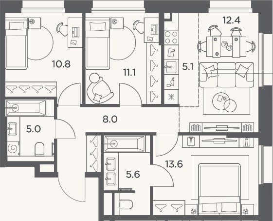 Планировка: 4+ к, 71,6 м²