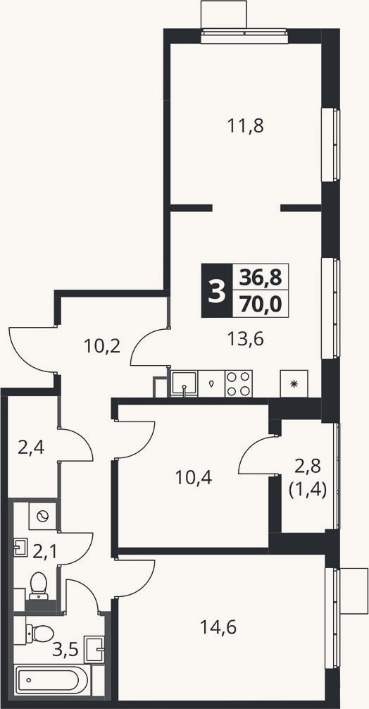 Планировка: 3-к, 69,7 м²