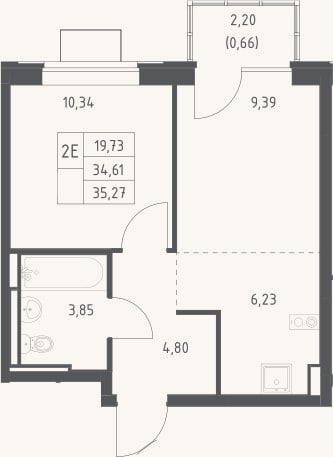 Планировка: 2-к, 34,6 м²