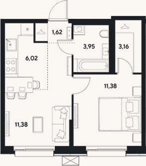 Планировка: 2-к, 37,5 м²