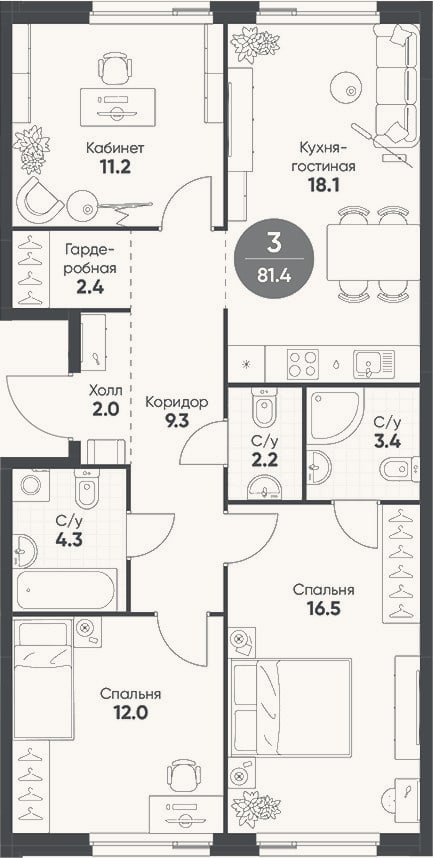 Планировка: 4+ к, 81,4 м²