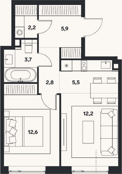 Планировка: 2-к, 44,9 м²