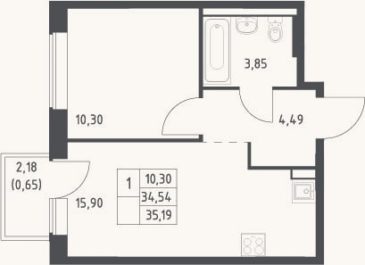 Планировка: 2-к, 34,5 м²